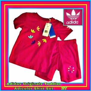 Adidas Originals Bold Pink Adicolor Toddler 2 Piece Trefoil Logo Short Set 2T